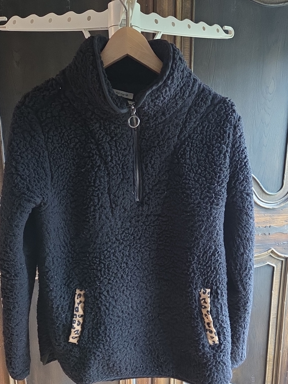 Thread & Supply Black Sherpa Pullover with Leopard Trim